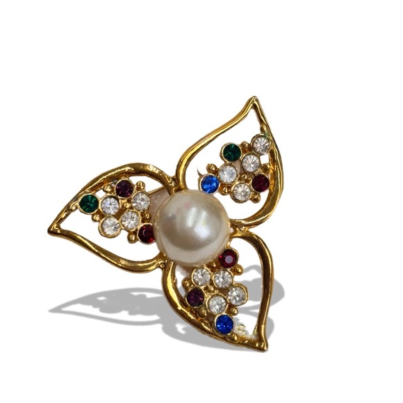Mel Elegant Gold Flower Pendant with Pearl and Gem Accents Brooch - Picture 1 of 4